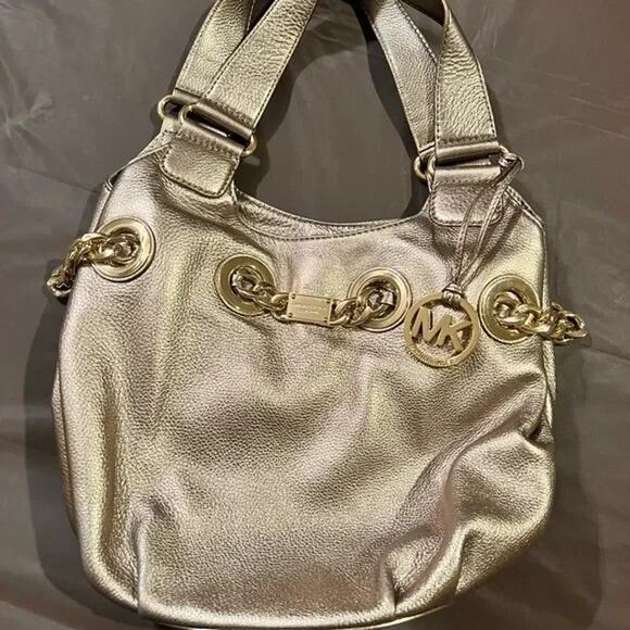 MICHAEL KORS Gold Metallic Leather Grommet Shoulder Tote Bag - Picture 16 of 16